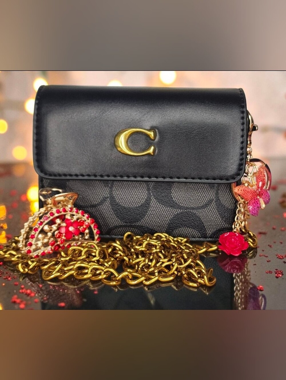 Coach Mila Small Flap Mini Purse In Signature Canvas With A Charm & Crystal Clip